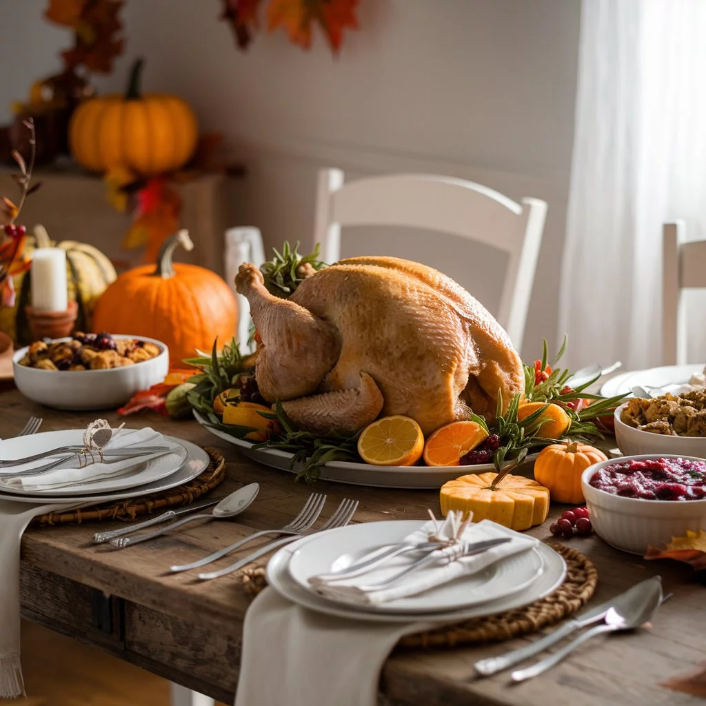 "Perfectly roasted juicy spatchcocked turkey for Thanksgiving garnished with fresh herbs and served with traditional sides."



