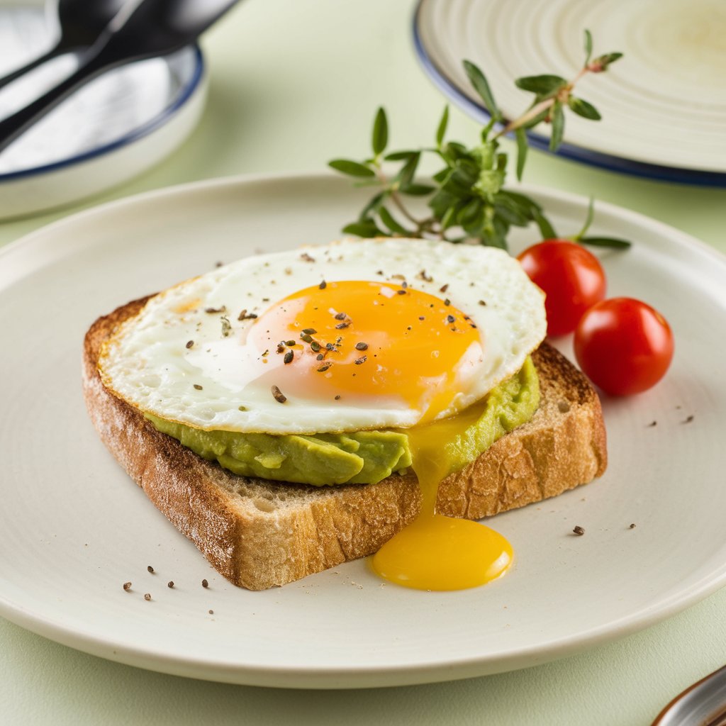 Delicious avocado egg toast topped with a perfectly poached egg, sprinkled with salt and pepper, on a slice of whole-grain bread, garnished with fresh herbs. by Discoverrecipe.com