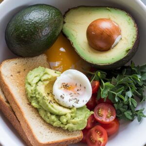 Ingredients for avocado egg toast, including ripe avocados, whole-grain bread, large eggs, salt, pepper, red pepper flakes, lemon juice, and fresh herbs by Discoverrecipe.com