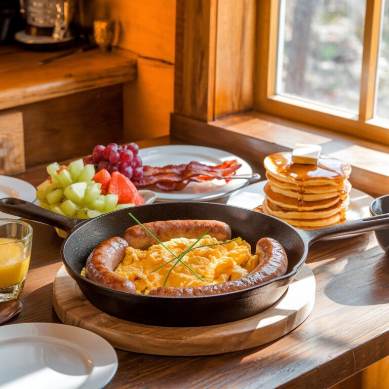 An appetizing hot sausage breakfast spread on a vibrant, colorful tablecloth. Display juicy sausage links next to a generous serving of cheesy omelette filled with bell peppers and onions. Include golden hash browns and fresh fruit, like berries and orange slices. The image is bright and cheerful, evoking a sense of a delightful morning meal