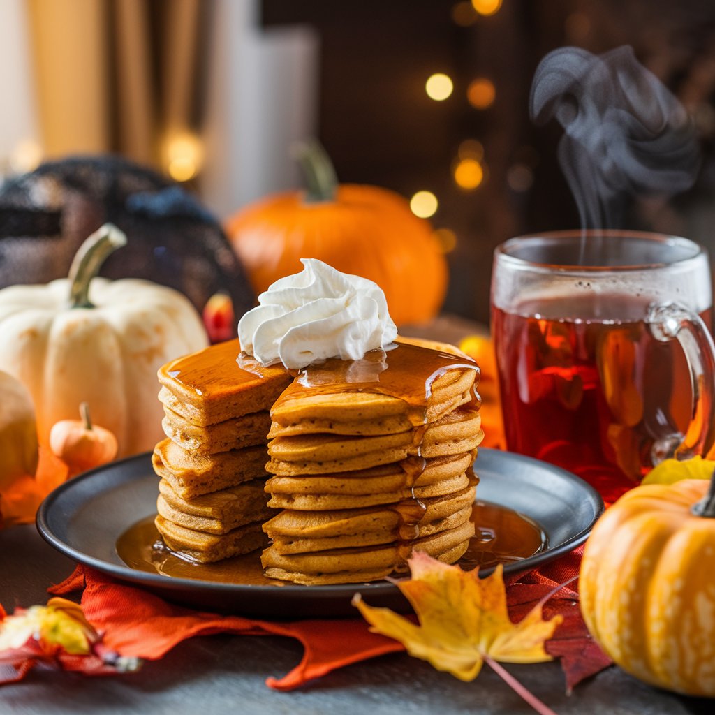 Festive Halloween breakfast recipe featuring a stack of fluffy pumpkin spice pancakes drizzled with maple syrup, surrounded by autumn decorations like small pumpkins and colorful fall leaves. A steaming mug of apple cider and spooky-themed decor enhance the cozy kitchen setting.