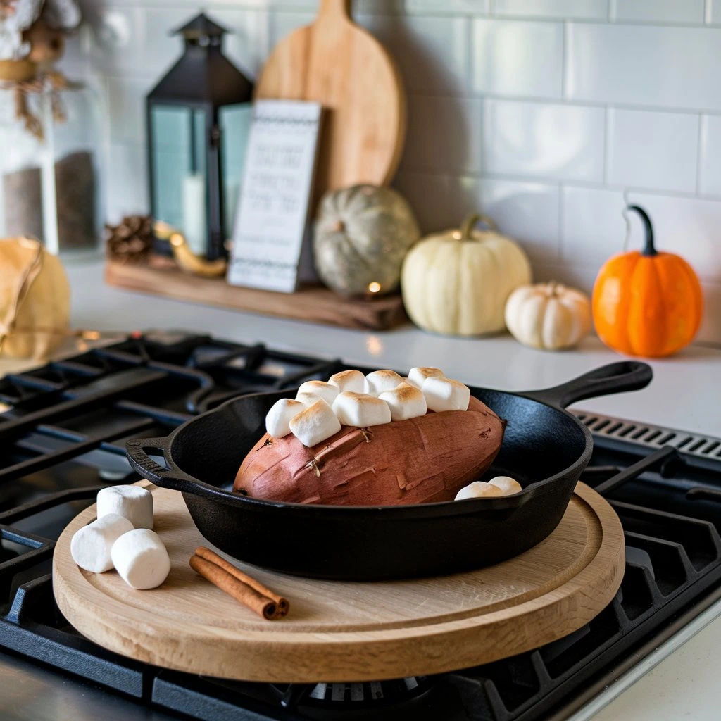 "Delicious Sweet Potato casserole topped with golden, gooey Marshmallows, served warm in a rustic dish. The vibrant orange sweet potatoes peek through the fluffy marshmallow layer, creating a cozy and inviting holiday treat."



