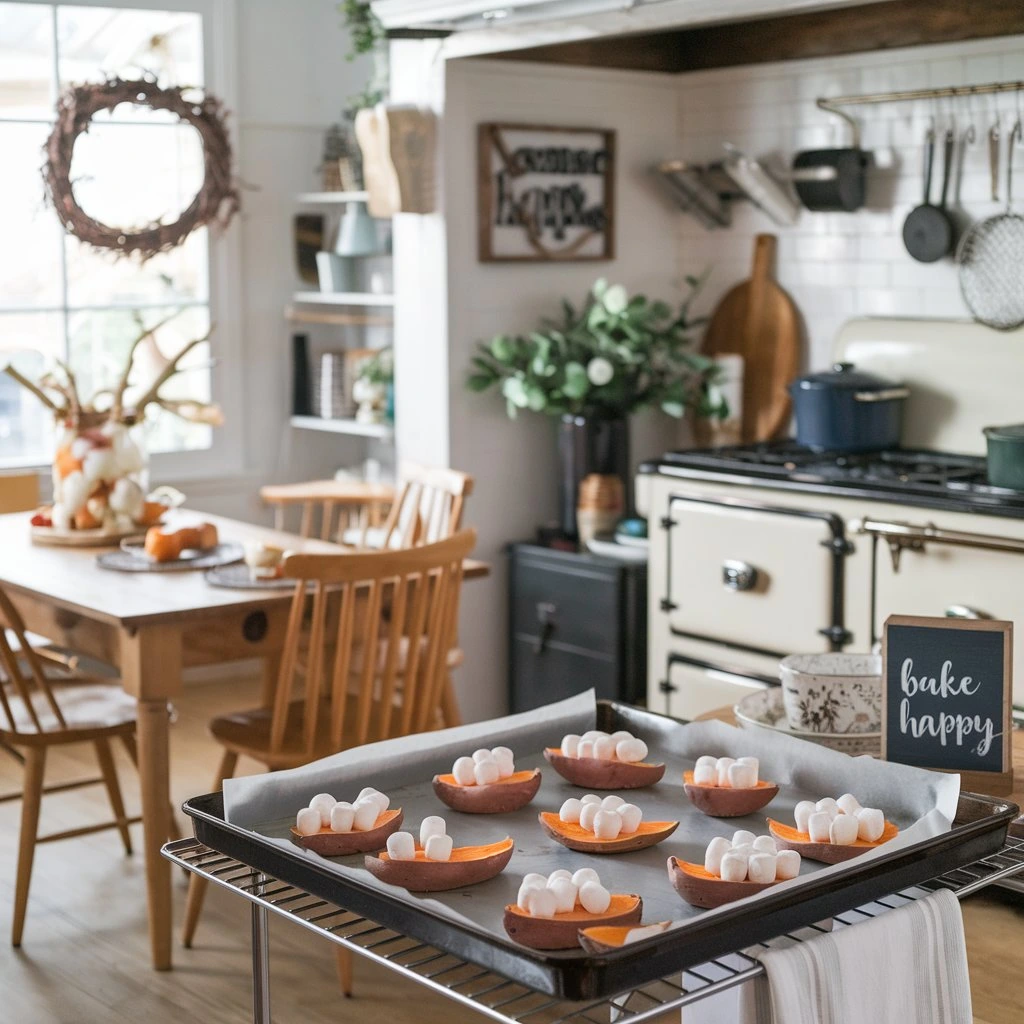 "Delicious sweet potato casserole topped with golden, gooey marshmallows, served warm in a rustic dish. The vibrant orange sweet potatoes peek through the fluffy marshmallow layer, creating a cozy and inviting holiday treat."



