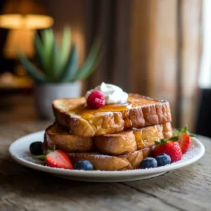 "Golden-brown French toast served with fresh berries, maple syrup drizzle, and whipped cream on a rustic wooden table."