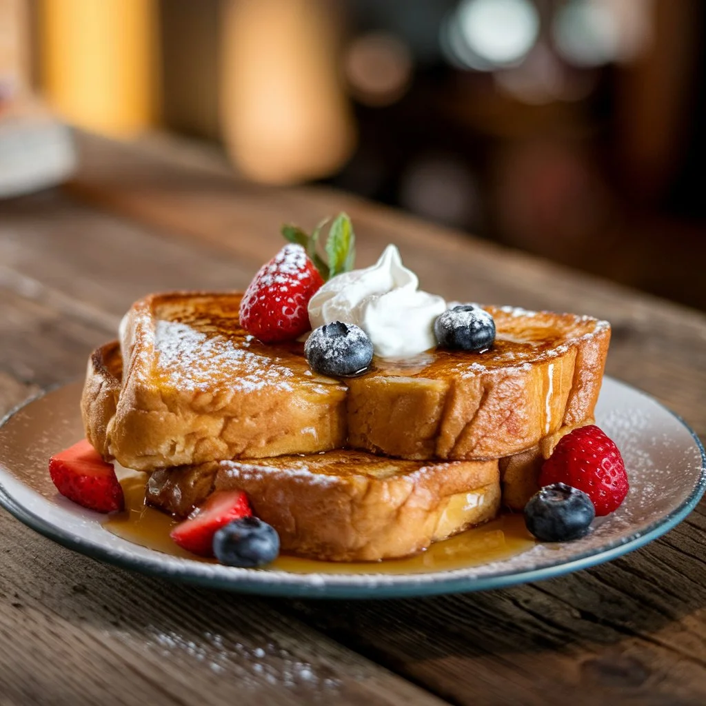 Delicious French toast garnished with powdered sugar, strawberries, blueberries, and a dollop of cream for a cozy brunch setting."