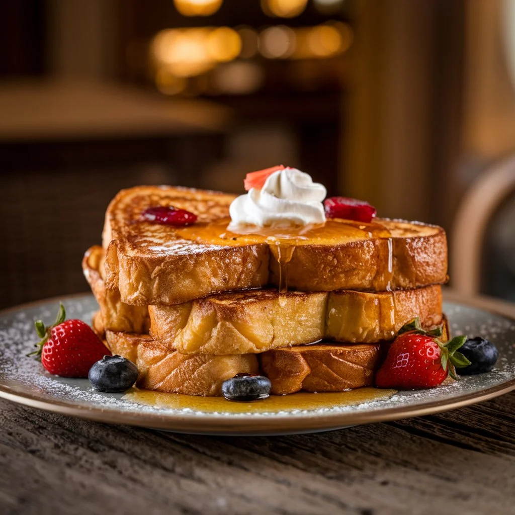 Classic French toast plated beautifully with a sprinkle of powdered sugar, vibrant berries, and a touch of syrup."