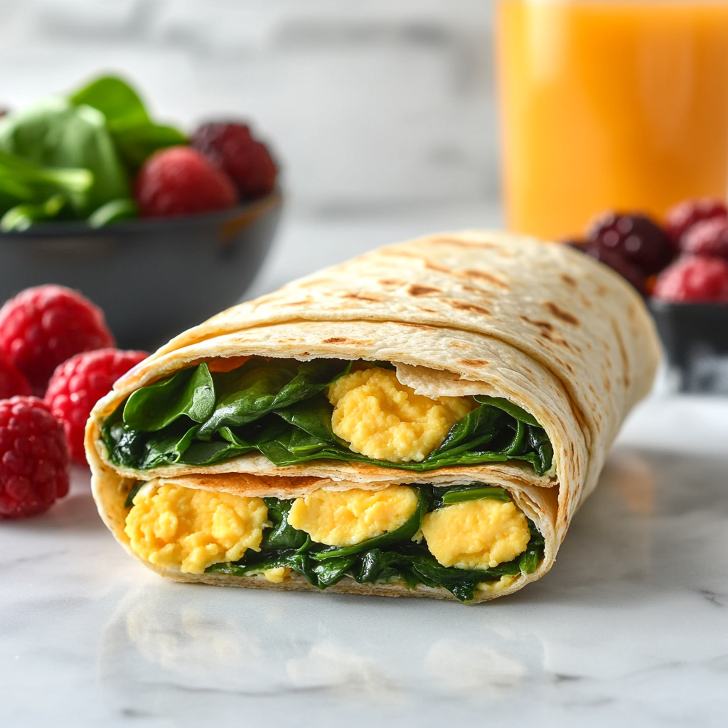 Assembled Breakfast Wrap with Toppings: "Egg and spinach breakfast wrap sliced in half, showing fluffy eggs, bright green spinach, and optional toppings like avocado and cheese."for Easy Egg Breakfast Spinach Wraps for Busy Mornings