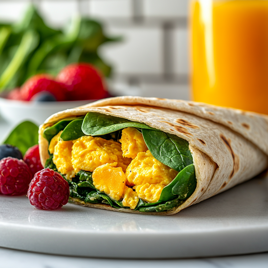 Ready-to-Go Breakfast Wrap: "A wrapped and ready-to-go egg and spinach breakfast wrap, placed on a wooden cutting board with a glass of orange juice in the background