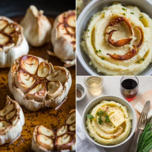 Golden-brown roasted garlic cloves on a baking sheet, ready to add a rich, savory flavor to mashed potatoes