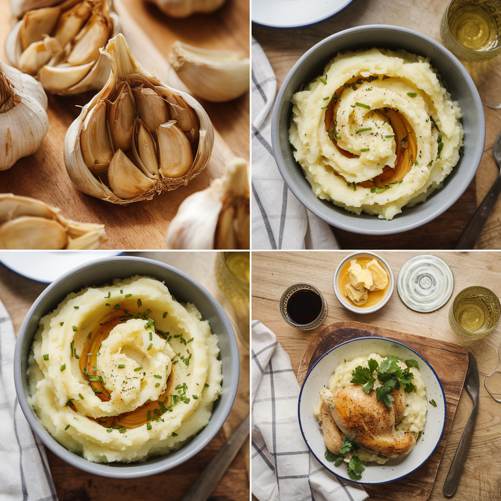 Golden-brown roasted garlic cloves on a baking sheet, ready to add a rich, savory flavor to mashed potatoes