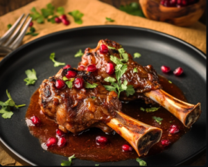 "Close-up of a succulent pomegranate lamb shanks dish, garnished with fresh pomegranate seeds and herbs, served on a rustic table setting."