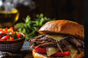 "Close-up of a juicy Italian Beef Sandwich with melted cheese and giardiniera peppers on a rustic wooden table."