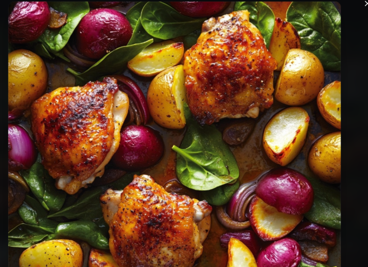 “Golden-brown sheet pan chicken and roasted veggies fresh from the oven”
