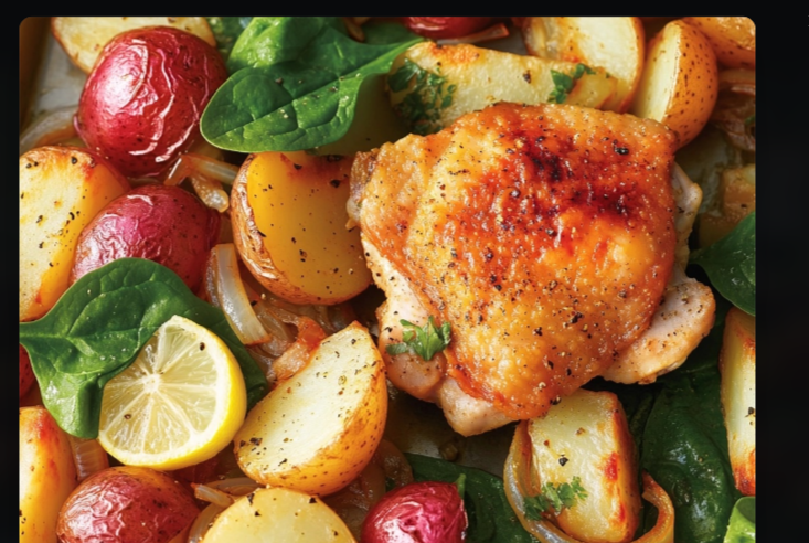 “Golden-brown sheet pan chicken and roasted veggies fresh from the oven”
