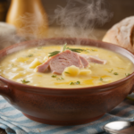 "Steaming bowl of creamy Cheesy Ham and Potato Soup garnished with fresh herbs, served with crusty bread – the perfect comforting recipe."