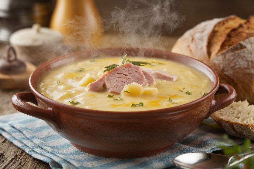 "Steaming bowl of Creamy Cheesy Ham and Potato Soup garnished with fresh herbs, served with crusty bread – the perfect comforting recipe."