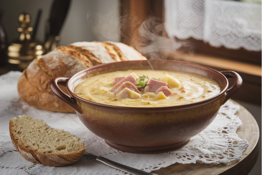 "Steaming bowl of creamy Cheesy Ham and Potato Soup garnished with fresh herbs, served with crusty bread – the perfect comforting recipe."