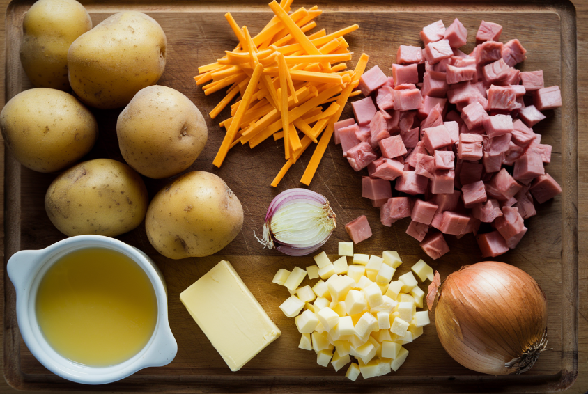 "Steaming bowl of creamy Cheesy Ham and Potato Soup garnished with fresh herbs, served with crusty bread – the perfect comforting recipe."