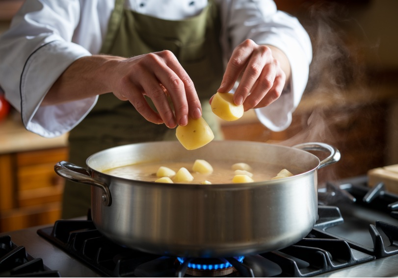 "Steaming bowl of creamy Cheesy Ham and Potato Soup garnished with fresh herbs, served with crusty bread – the perfect comforting recipe."