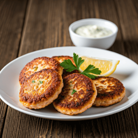 Golden-brown salmon patties sizzling in a skillet, ready to be served with fresh herbs and a side of dipping sauce.