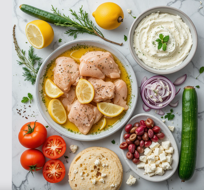 "Greek Chicken Pitas filled with marinated chicken, fresh vegetables, and tzatziki sauce, wrapped in a soft pita on a rustic table with lemon wedges and herbs."
