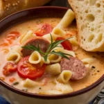 A steaming bowl of creamy parmesan Italian sausage soup, garnished with fresh parsley."