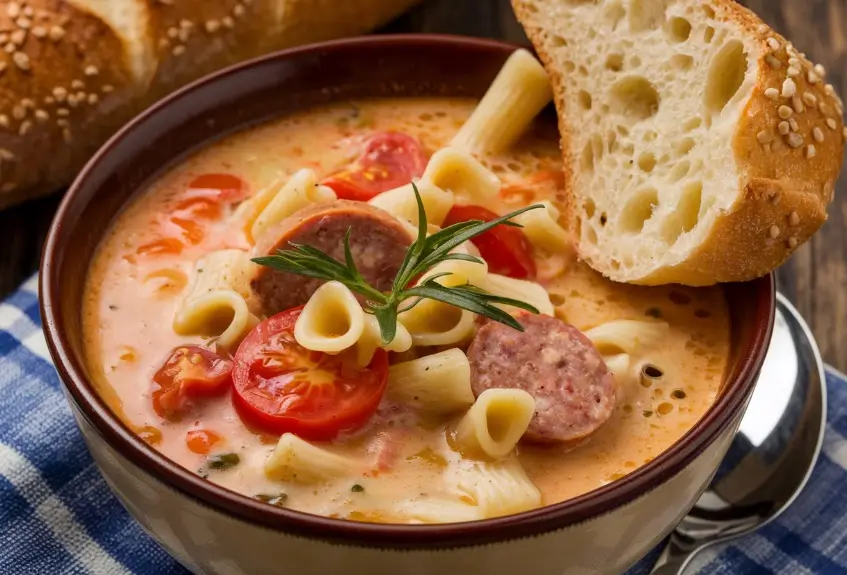 A steaming bowl of creamy parmesan Italian sausage soup, garnished with fresh parsley."