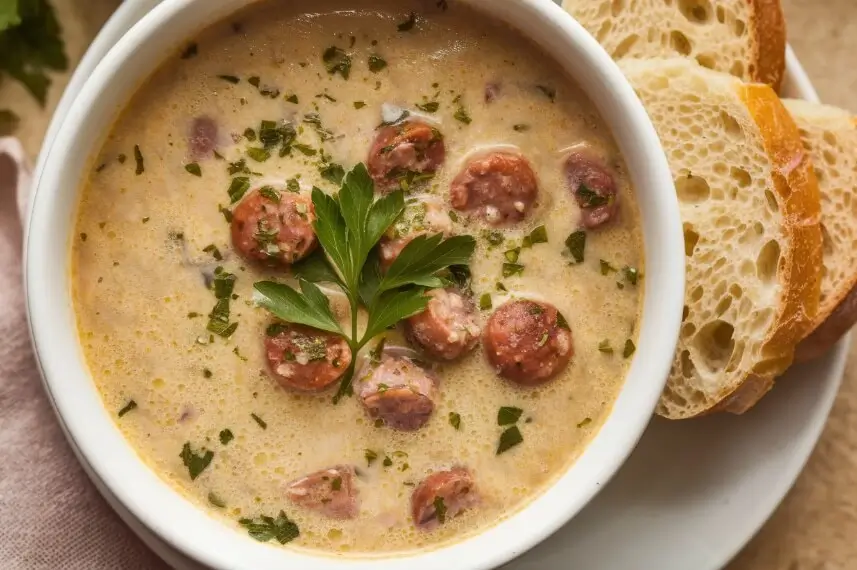 Creamy parmesan Italian sausage soup, showcasing its rich texture and vibrant colors."