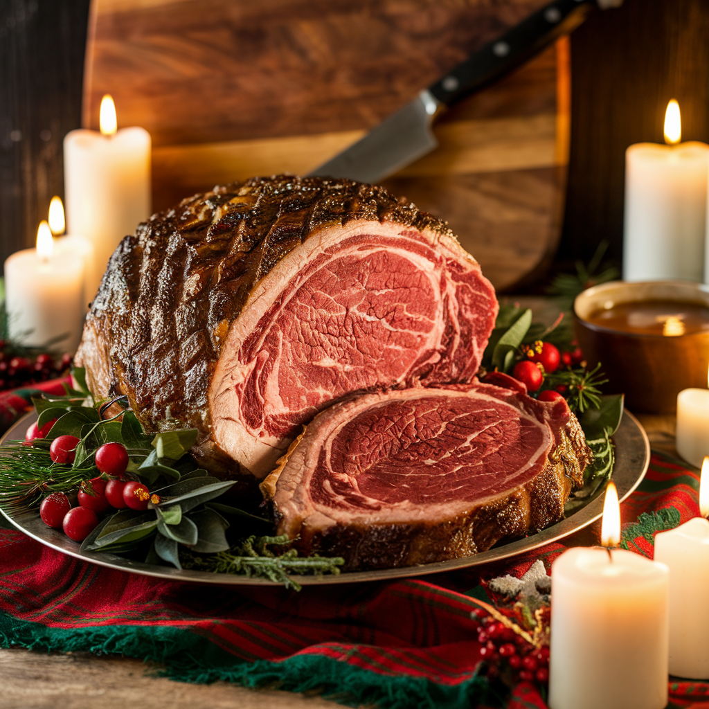 A perfectly roasted prime rib on a wooden cutting board garnished with fresh rosemary sprigs. The roast is sliced to reveal its tender, juicy interior, with bottles of oil and cream in the background."