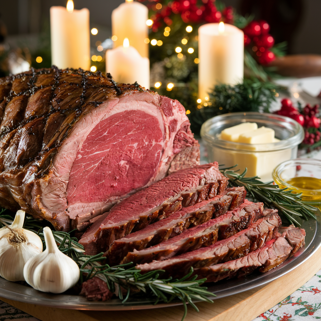 A perfectly roasted prime rib on a wooden cutting board garnished with fresh rosemary sprigs. The roast is sliced to reveal its tender, juicy interior, with bottles of oil and cream in the background."