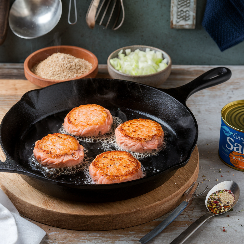 Golden-brown salmon patties sizzling in a skillet, ready to be served with fresh herbs and a side of dipping sauce.