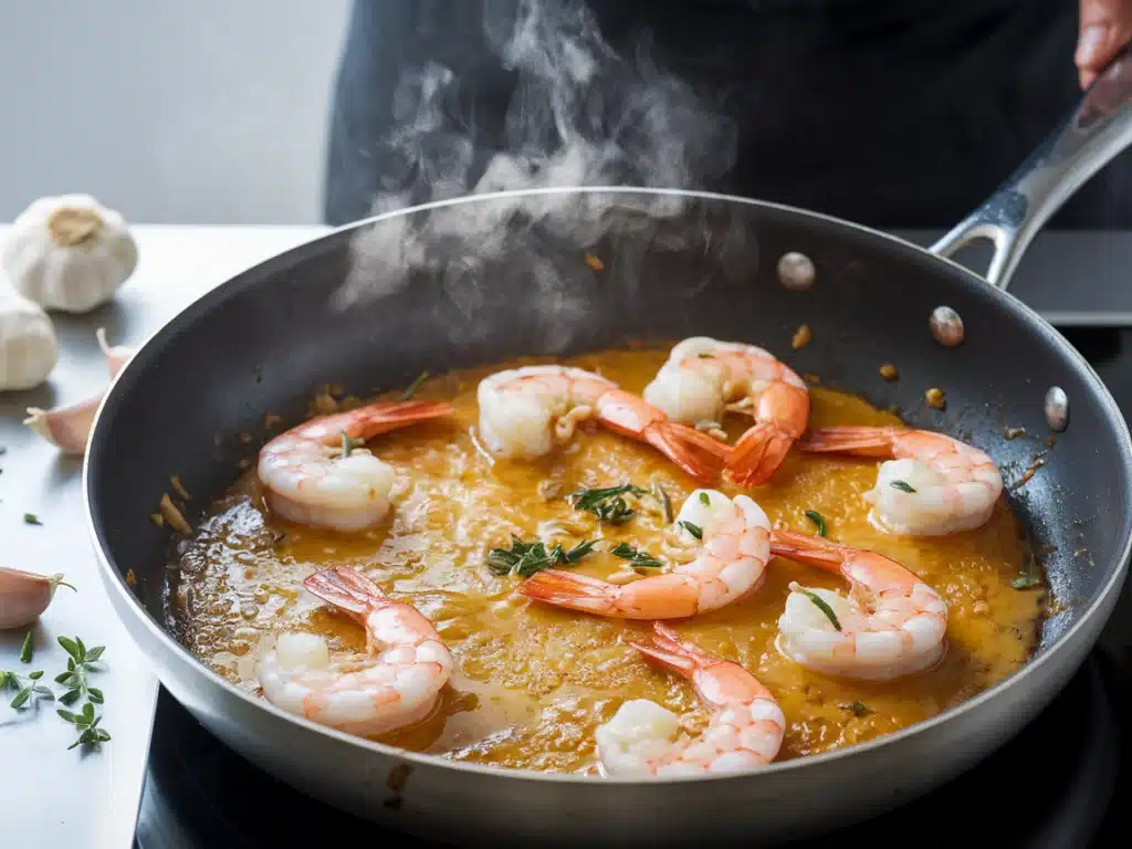 A chef is cooking shrimp in a pan with garlic butter sauce. Steam is rising from the pan, and garlic cloves and herbs are scattered aroun