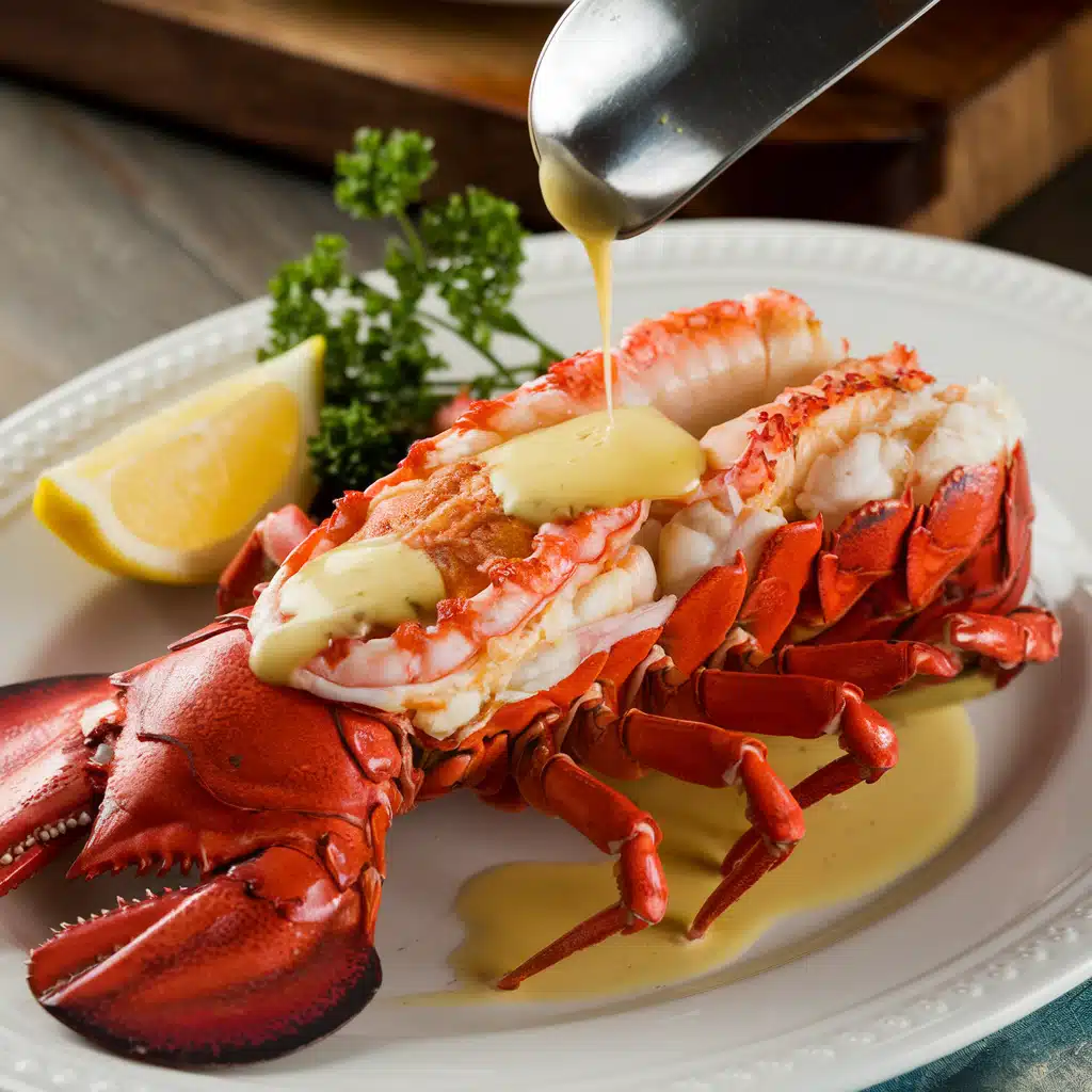 "Juicy lobster tail topped with golden garlic butter and fresh herbs on a plate, perfect for a gourmet meal."






