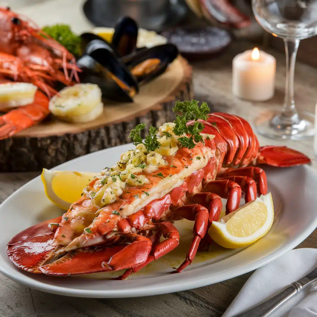 "Juicy lobster tail topped with golden garlic butter and fresh herbs on a plate, perfect for a gourmet meal."






