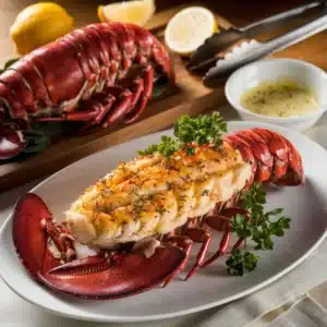 "Juicy lobster tail topped with golden garlic butter and fresh herbs on a plate, perfect for a gourmet meal."