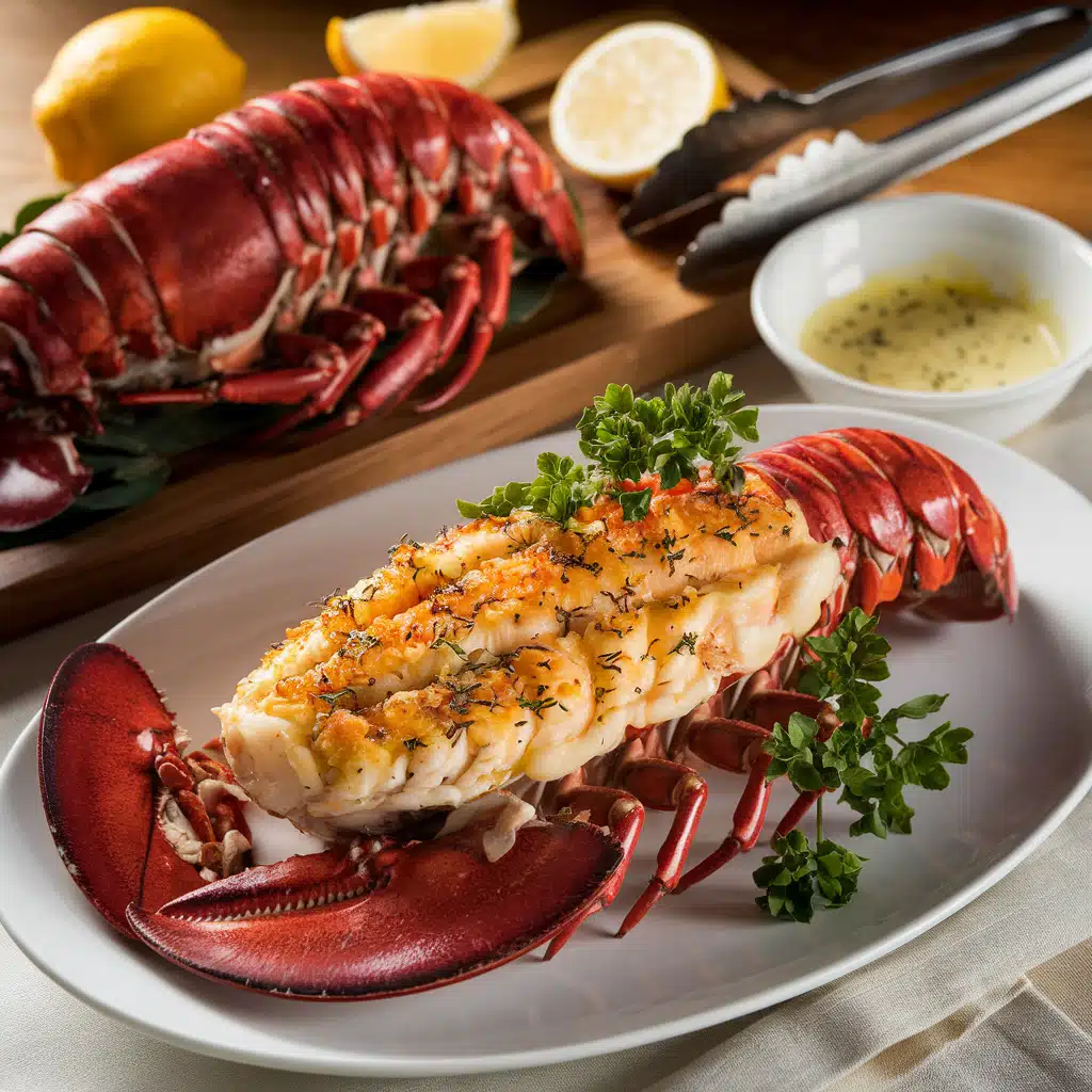 "Juicy lobster tail topped with golden garlic butter and fresh herbs on a plate, perfect for a gourmet meal."