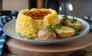 A warm, comforting dish featuring a smooth, creamy mash speckled with tender corn pieces. It’s served alongside crispy, golden-brown baby potatoes, sliced in halves and seasoned with black pepper for a burst of flavor. The meal is presented in a white bowl, creating an inviting blend of creamy and crunchy textures.