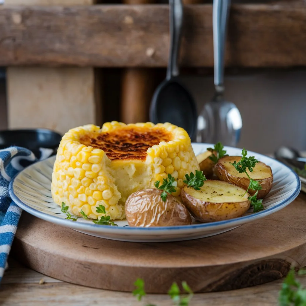 A warm, comforting dish featuring a smooth, creamy mash speckled with tender corn pieces. It’s served alongside crispy, golden-brown baby potatoes, sliced in halves, and seasoned with black pepper for a burst of flavor. The meal is presented in a white bowl, creating an inviting blend of creamy and crunchy textures.






