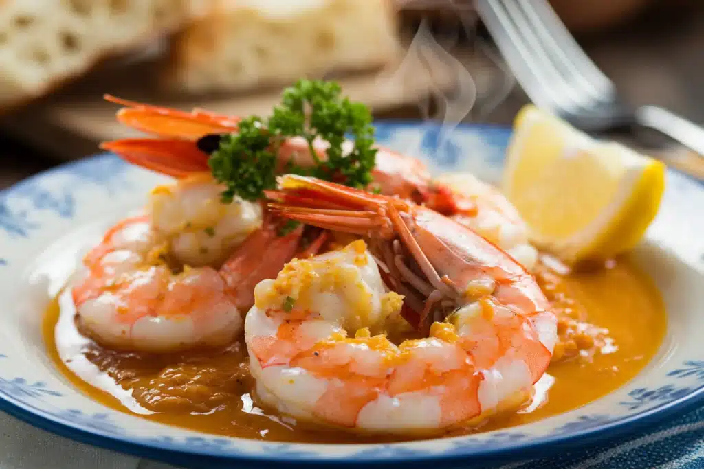  A close-up image of a shrimp bathed in a golden garlic butter sauce. The shrimp is glistening, and steam is rising from the sauce.