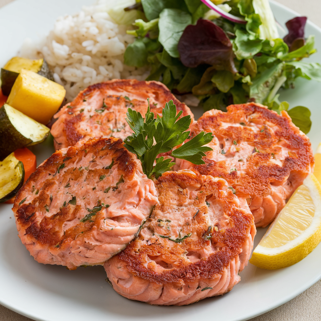 Golden-brown salmon patties sizzling in a skillet, ready to be served with fresh herbs and a side of dipping sauce.