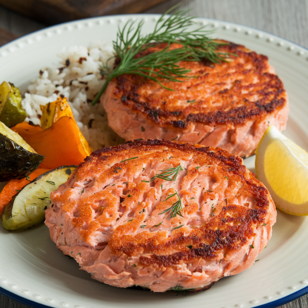 Golden-brown salmon patties sizzling in a skillet, ready to be served with fresh herbs and a side of dipping sauce.