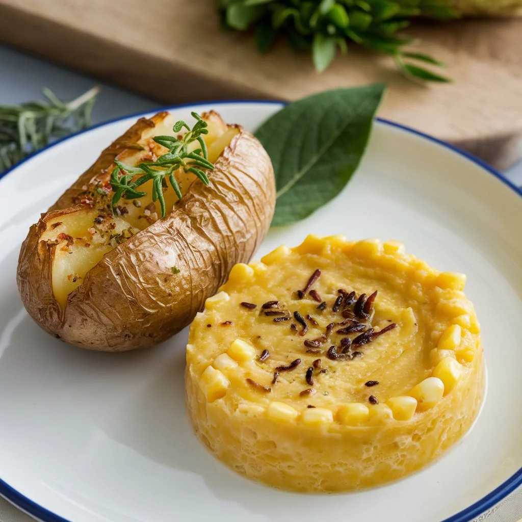 A warm, comforting dish featuring a smooth, creamy mash speckled with tender corn pieces. It’s served alongside crispy, golden-brown baby potatoes, sliced in halves, and seasoned with black pepper for a burst of flavor. The meal is presented in a white bowl, creating an inviting blend of creamy and crunchy textures.






