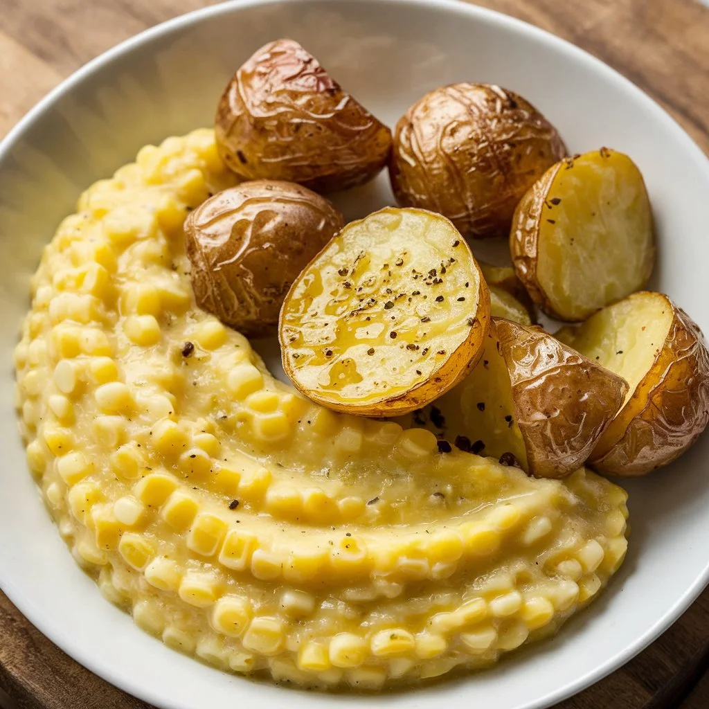 A warm, comforting dish featuring a smooth, creamy mash speckled with tender corn pieces. It’s served alongside crispy, golden-brown baby potatoes, sliced in halves, and seasoned with black pepper for a burst of flavor. The meal is presented in a white bowl, creating an inviting blend of creamy and crunchy textures.






