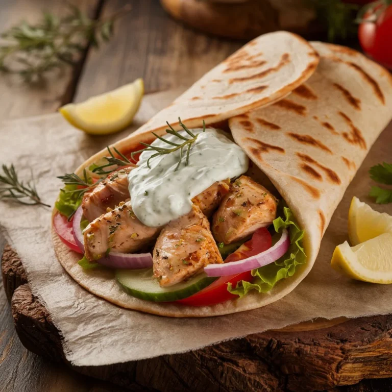 "Greek Chicken Pitas filled with marinated chicken, fresh vegetables, and tzatziki sauce, wrapped in a soft pita on a rustic table with lemon wedges and herbs."