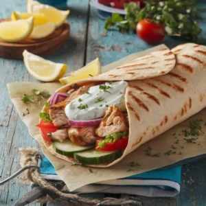 "Greek Chicken Pita filled with marinated chicken, fresh vegetables, and tzatziki sauce, wrapped in a soft pita on a rustic table with lemon wedges and herbs."