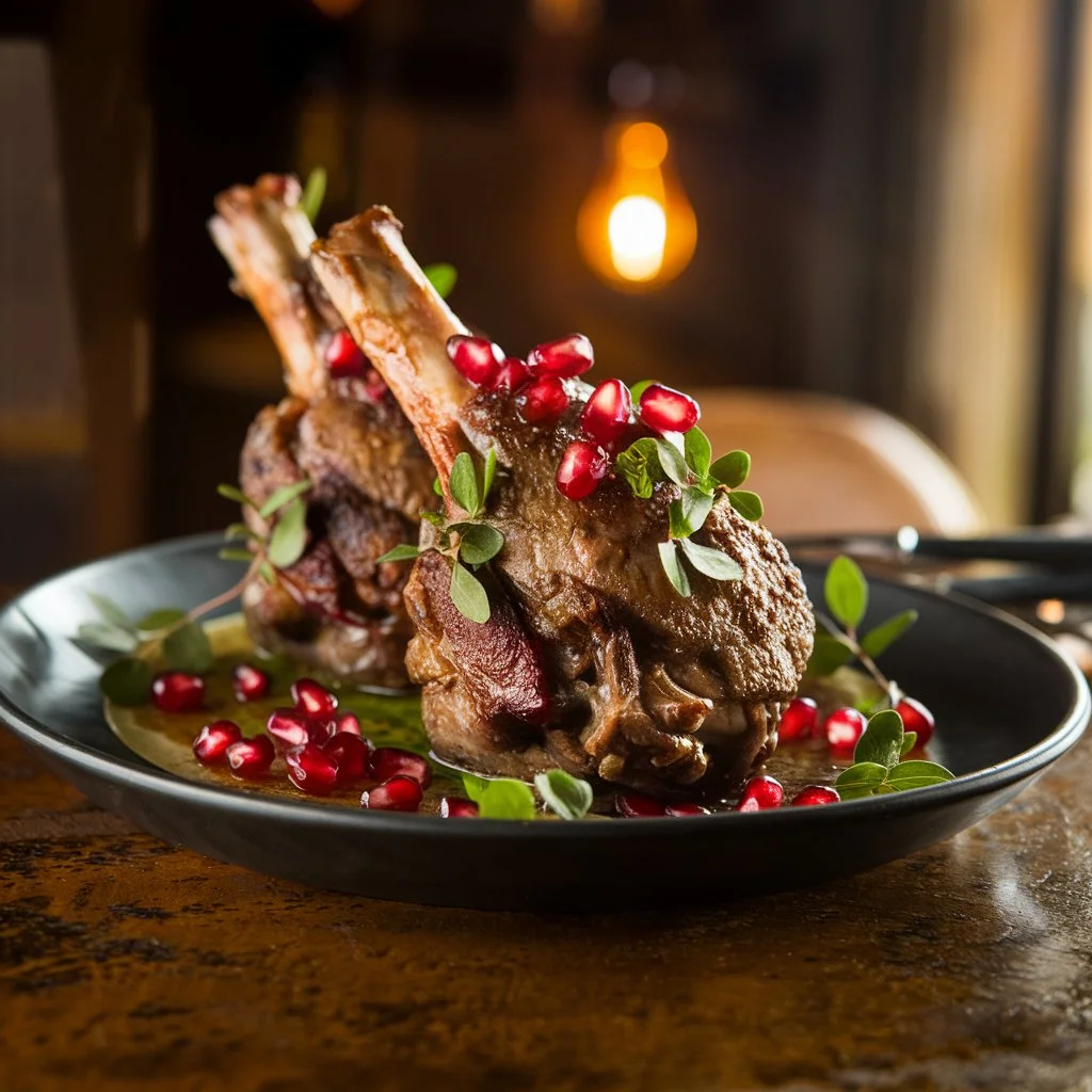 "Close-up of a succulent pomegranate lamb shanks dish, garnished with fresh pomegranate seeds and herbs, served on a rustic table setting."






