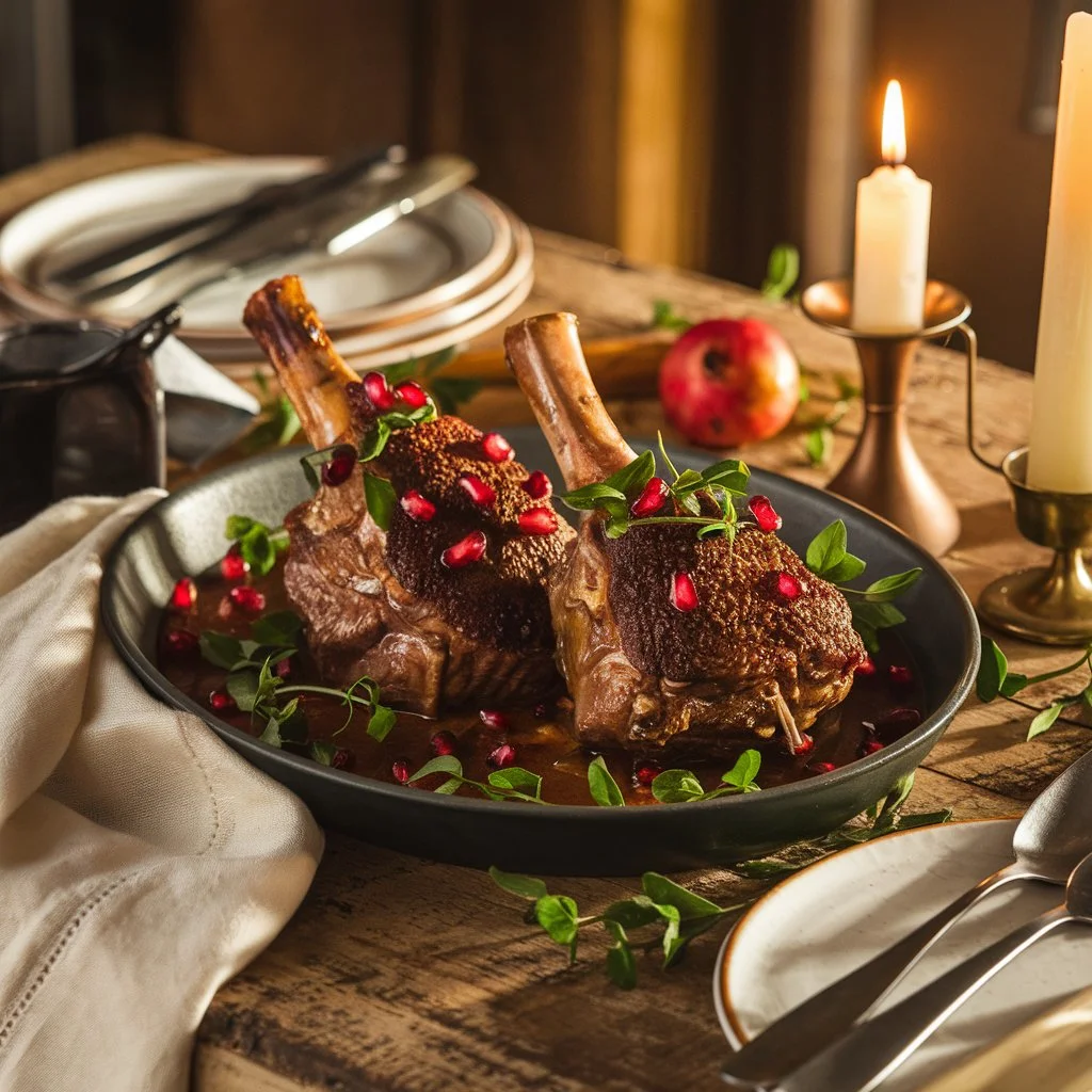 "Close-up of a succulent pomegranate lamb shanks dish, garnished with fresh pomegranate seeds and herbs, served on a rustic table setting."






