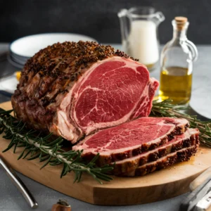 A perfectly roasted prime rib on a wooden cutting board garnished with fresh rosemary sprigs. The roast is sliced to reveal its tender, juicy interior, with bottles of oil and cream in the background."