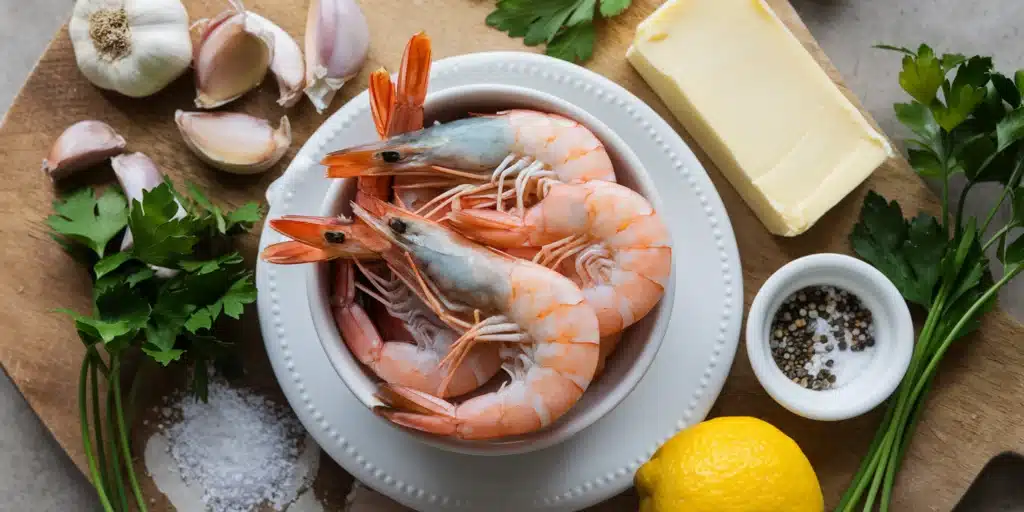 A still life arrangement of ingredients for shrimp garlic butter, including fresh shrimp, a block of butter, garlic cloves, parsley sprigs, salt, pepper, and a lemon wedge.