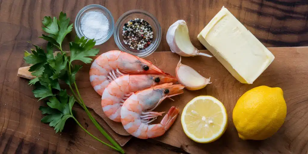 A chef is cooking shrimp in a pan with garlic butter sauce. Steam is rising from the pan, and garlic cloves and herbs are scattered aroun